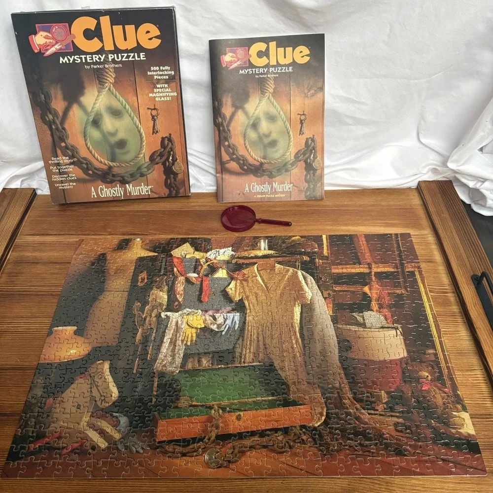 1996 Clue Mystery Puzzle A Ghostly Murder 500 Pc Complete w/ Book & Magnifier